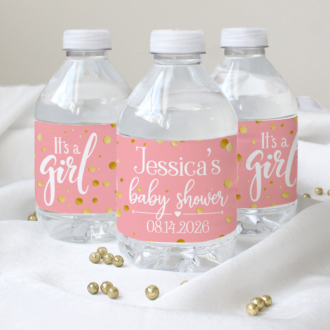 Confeti dorado personalizado: rosa - Etiquetas para botellas de agua para baby shower It's a Girl - 24 pegatinas