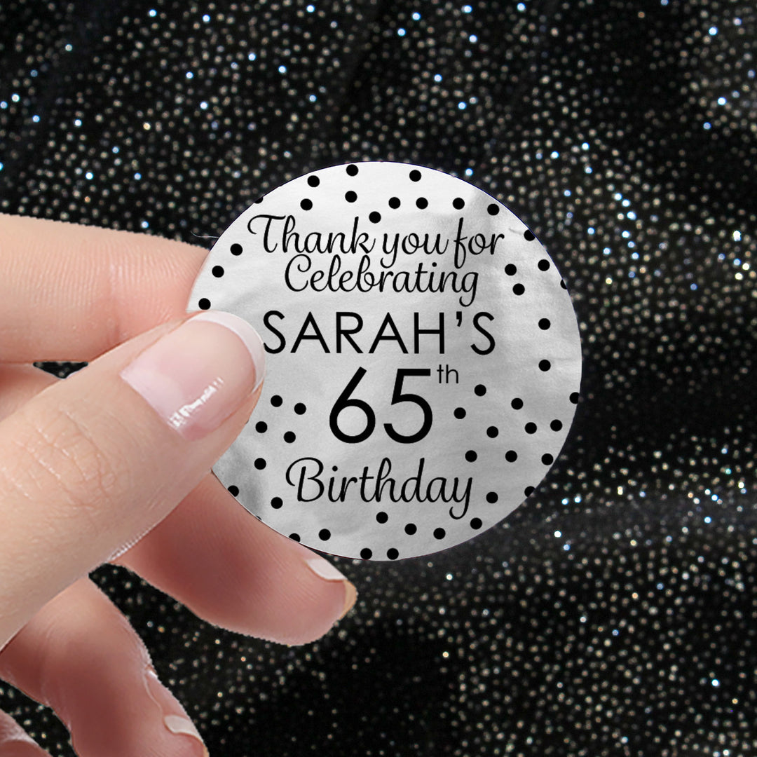 Cumpleaños personalizado: negro y plateado - Etiquetas redondas para regalos - Papel de aluminio - 40 pegatinas