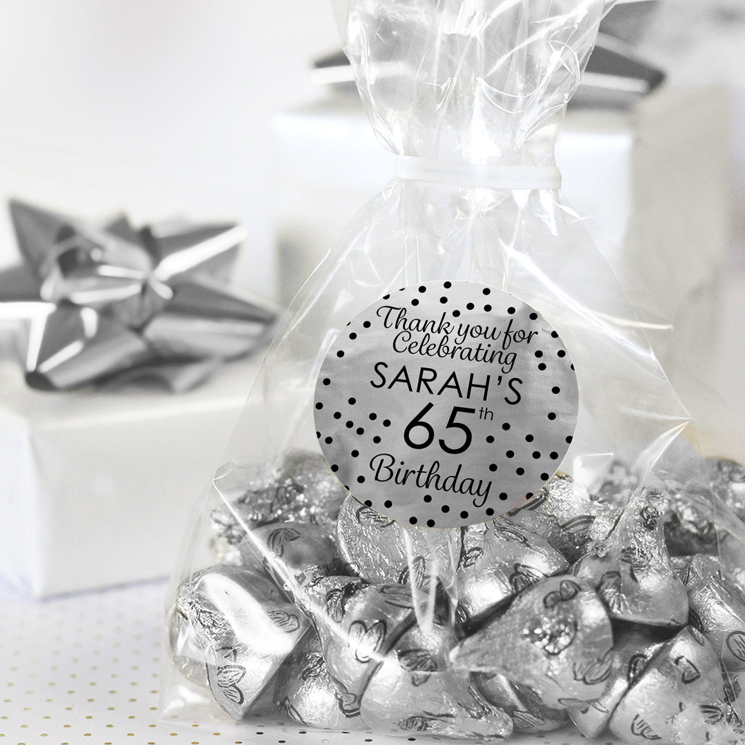 Cumpleaños personalizado: negro y plateado - Etiquetas redondas para regalos - Papel de aluminio - 40 pegatinas