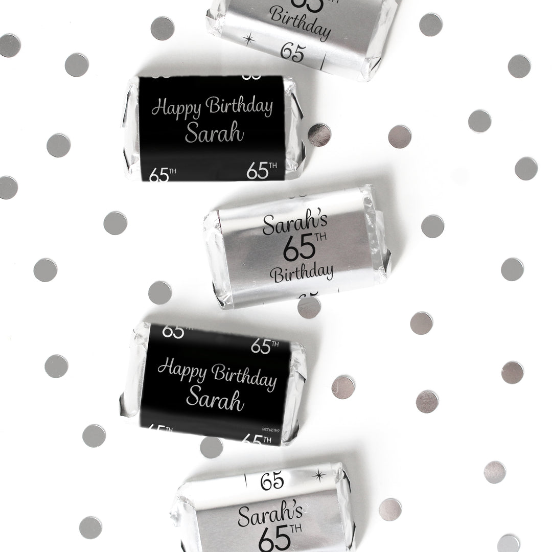 Cumpleaños personalizado: negro y plateado - Mini etiquetas para barra de dulces - Papel de aluminio - 45 ct