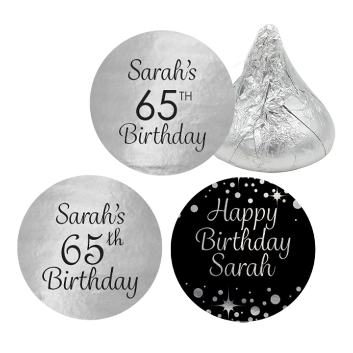 Cumpleaños personalizado: negro y plateado - Pegatinas para regalos de fiesta - Lámina brillante - 180 pegatinas