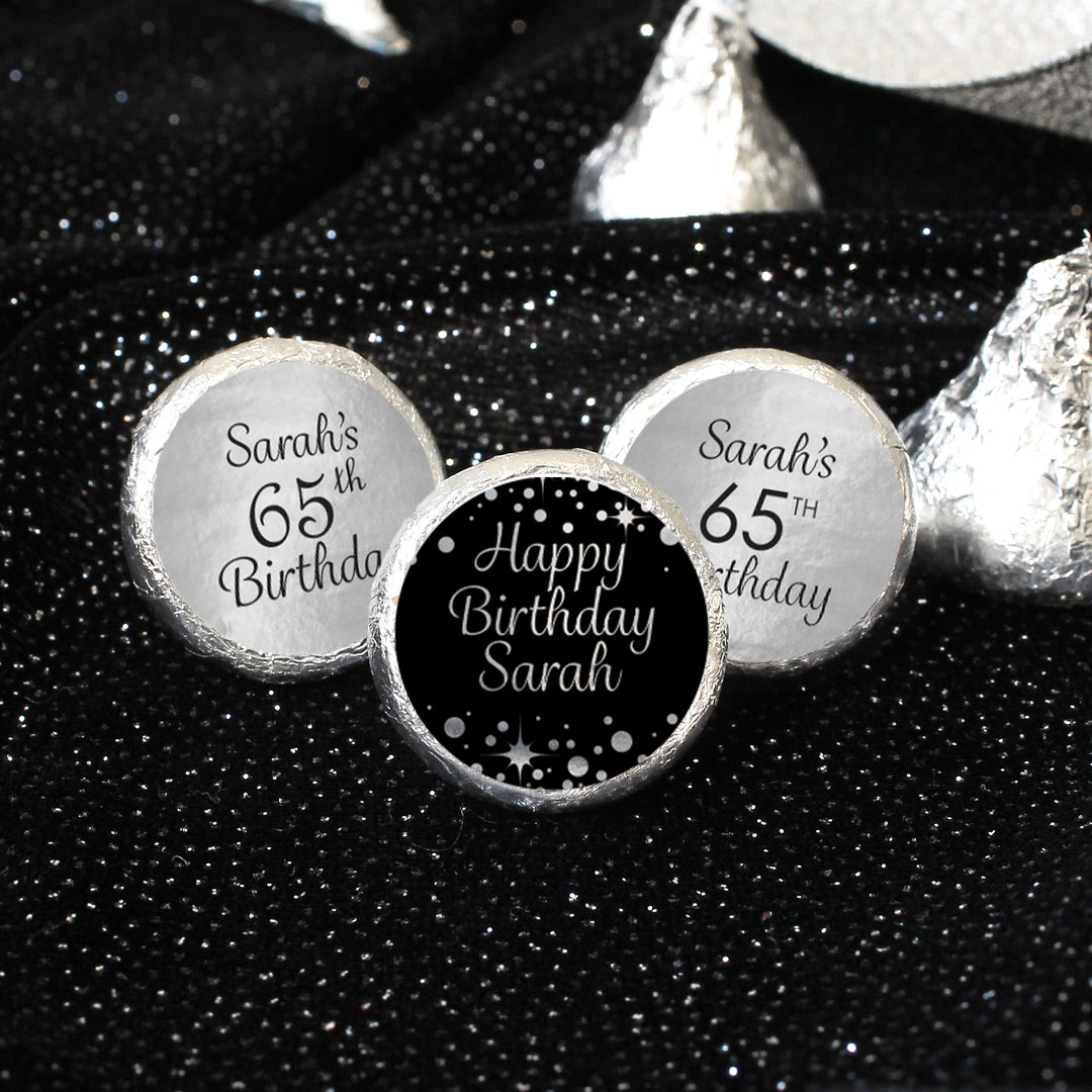 Personalized Birthday: Black and Silver - Party Favor Stickers - Shiny Foil - 180 Stickers