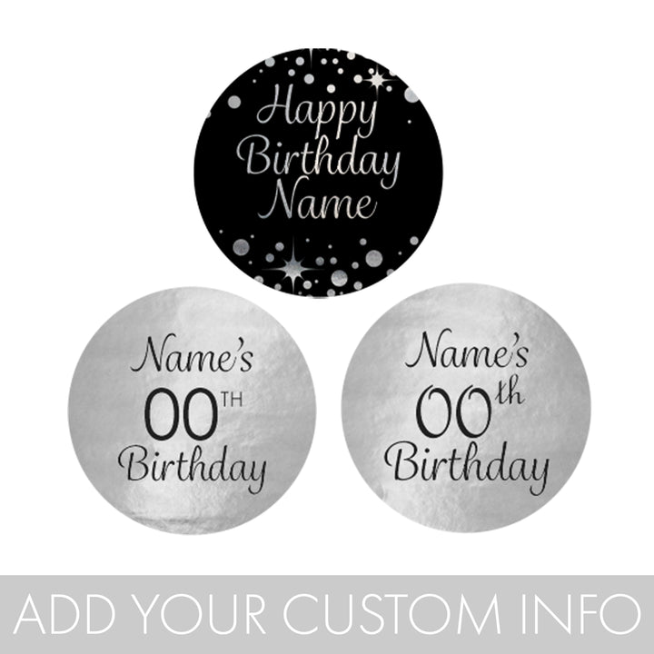 Cumpleaños personalizado: negro y plateado - Pegatinas para regalos de fiesta - Lámina brillante - 180 pegatinas