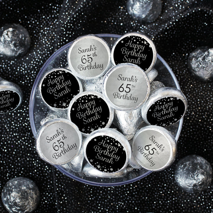 Personalized Birthday: Black and Silver - Party Favor Stickers - Shiny Foil - 180 Stickers
