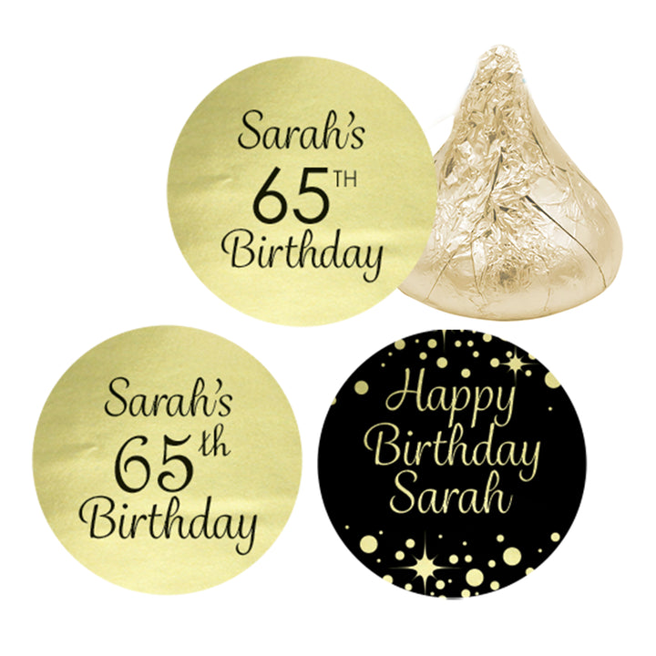 Personalized Birthday: Black and Gold - Party Favor Stickers - Shiny Foil - 180 or 450 Stickers