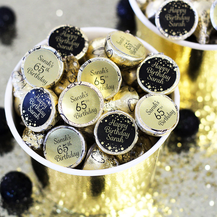 Personalized Birthday: Black and Gold - Party Favor Stickers - Shiny Foil - 180 ct