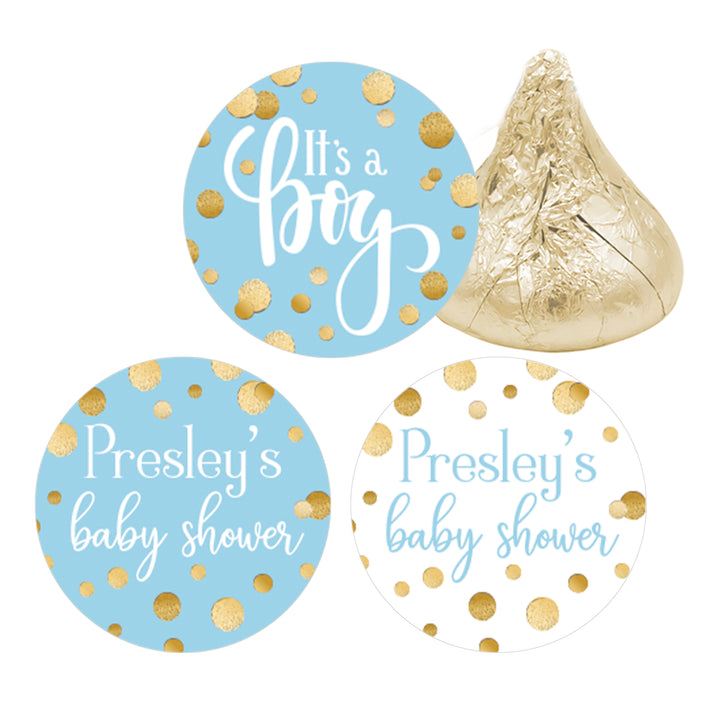 Confeti dorado personalizado: azul - Pegatinas para regalos de baby shower It's a Boy - 180 pegatinas