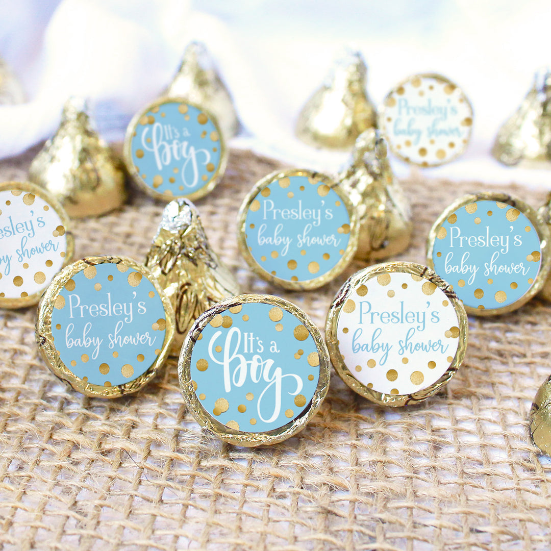 Confeti dorado personalizado: azul - Pegatinas para regalos de baby shower It's a Boy - 180 pegatinas