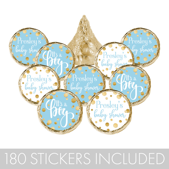 Personalized Gold Confetti: Blue - It's a Boy  Baby Shower Favor Stickers - 180 Stickers