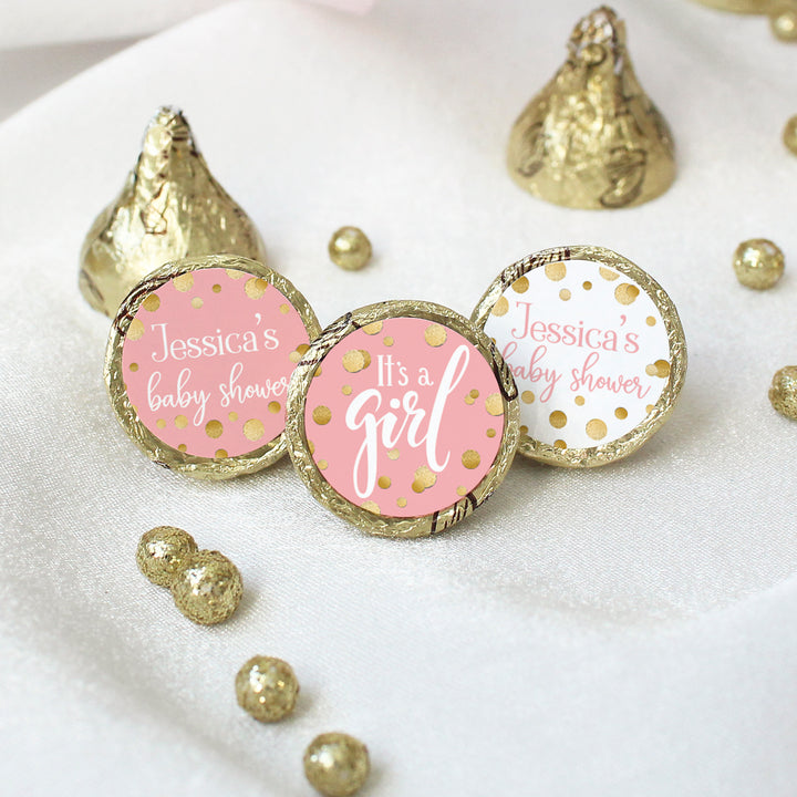 Confeti dorado personalizado: rosa - Pegatinas para regalos de baby shower It's a Girl - Se adapta a Hershey's Kisses - 180 pegatinas