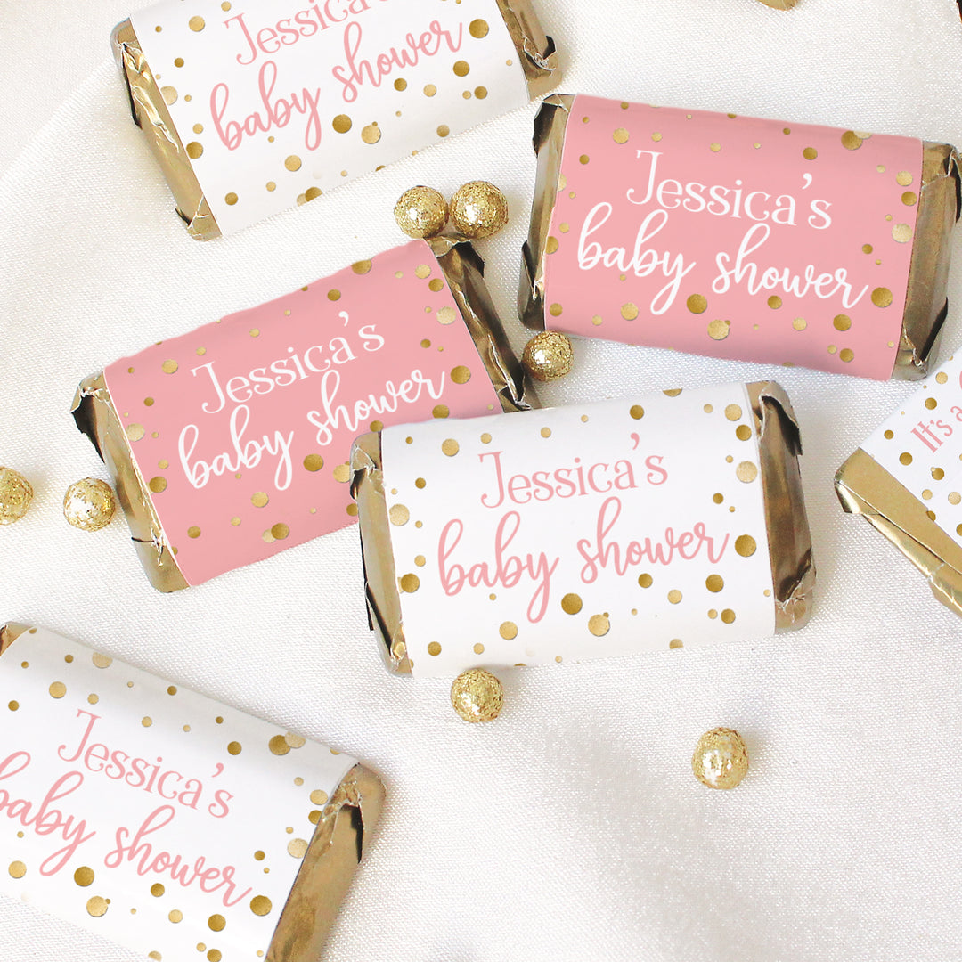 Confeti dorado personalizado: rosa - Mini etiquetas para barra de dulces It's a Girl Baby Shower - 45 pegatinas