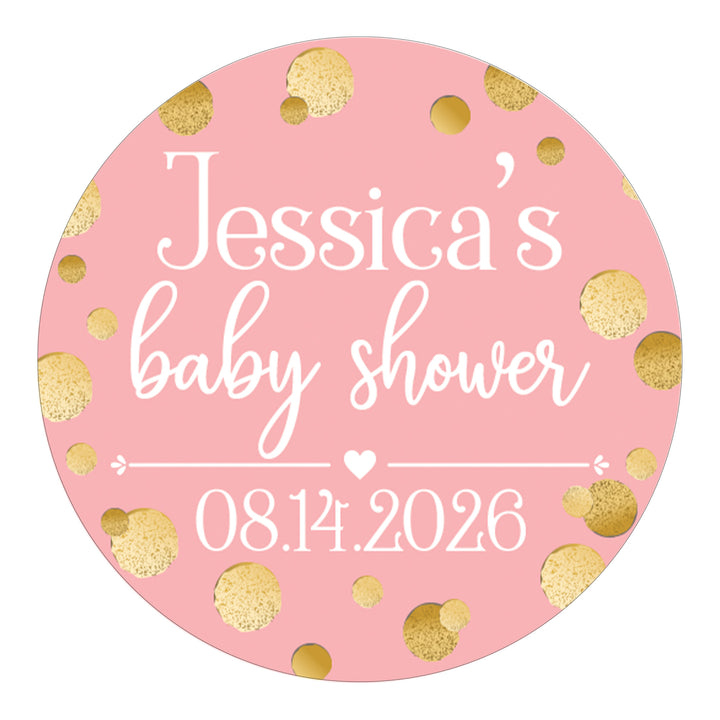 Personalized Gold Confetti: Pink - It's a  Girl Baby Shower Large Round Labels - 40 Waterproof Stickers