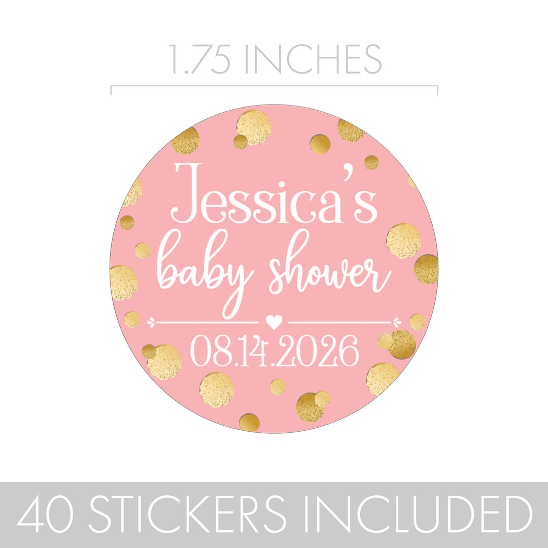 Personalized Gold Confetti: Pink - It's a  Girl Baby Shower Large Round Labels - 40 Waterproof Stickers