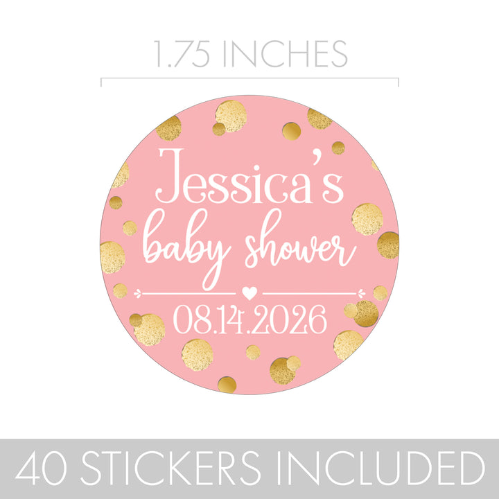 Confeti dorado personalizado: rosa - Etiquetas redondas grandes para baby shower It's a Girl - 40 pegatinas impermeables