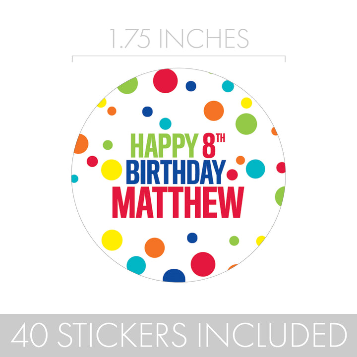 Personalized Birthday: Rainbow Dots - Circle Favor Labels - 40 Stickers