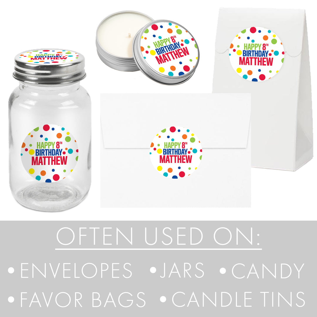 Personalized Birthday: Rainbow Dots - Circle Favor Labels - 40 Stickers