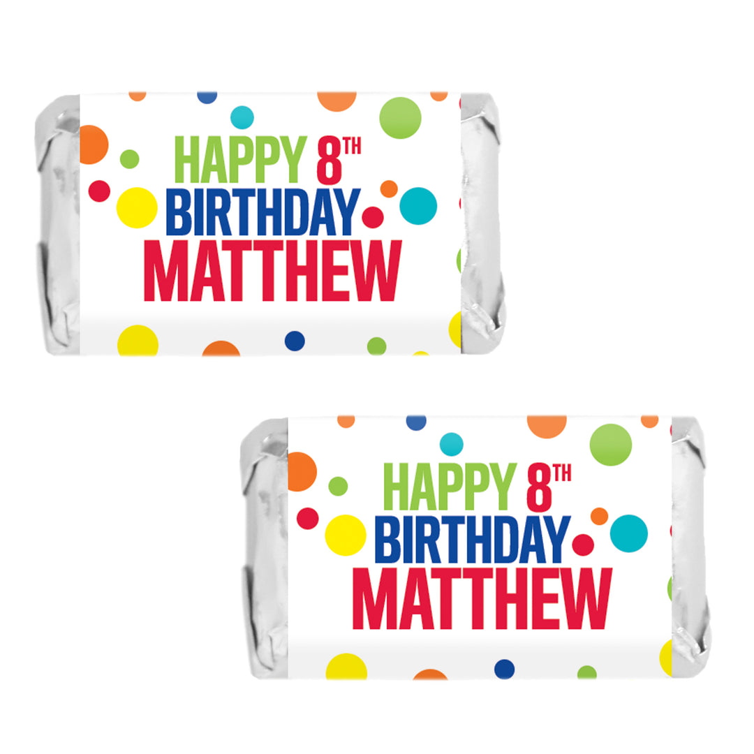 Cumpleaños personalizado: puntos arcoíris - Mini etiquetas para barra de dulces - Se adapta a miniaturas Hershey® - 45 pegatinas