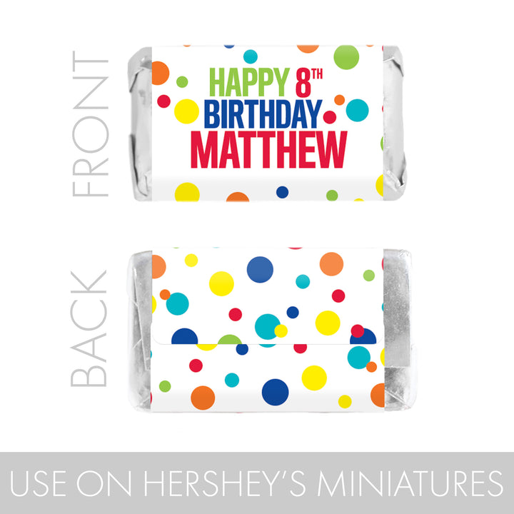 Personalized Birthday: Rainbow Dots - Mini Candy Bar Labels - Fits on Hershey® Miniatures - 45 Stickers