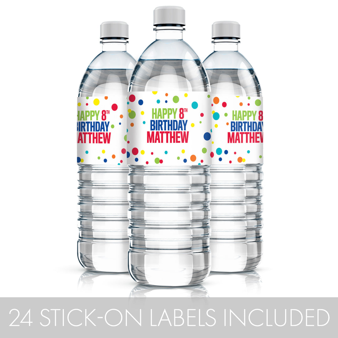 Personalized Birthday: Rainbow Dots - Water Bottle Labels - 24 Waterproof Stickers