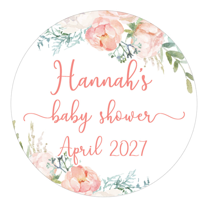 Personalized Pink Floral: Baby Shower Favor Stickers - Spring, Girl - 40 Stickers