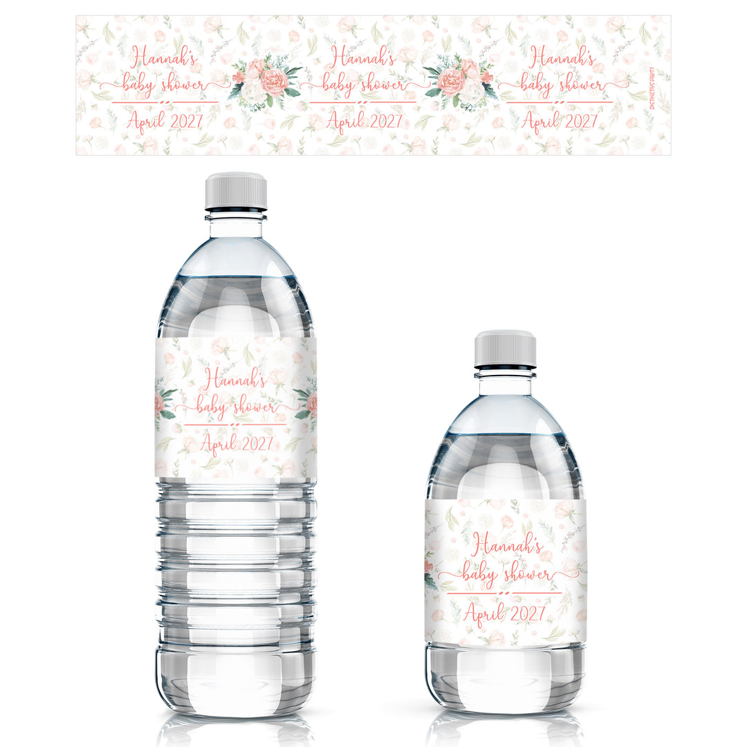Personalized Pink Floral: Baby Shower Water Bottle Labels - Spring, Girl - 24 Stickers