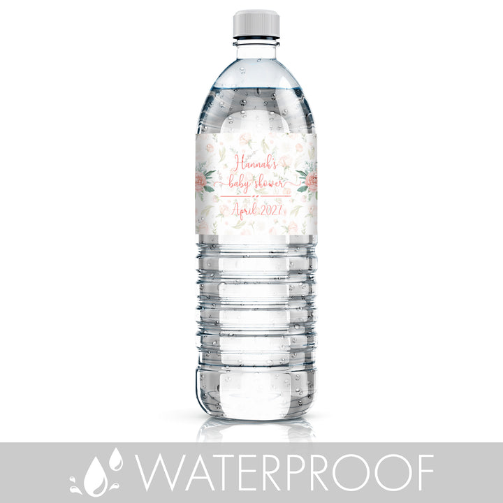 Personalized Pink Floral: Baby Shower Water Bottle Labels - Spring, Girl - 24 Stickers