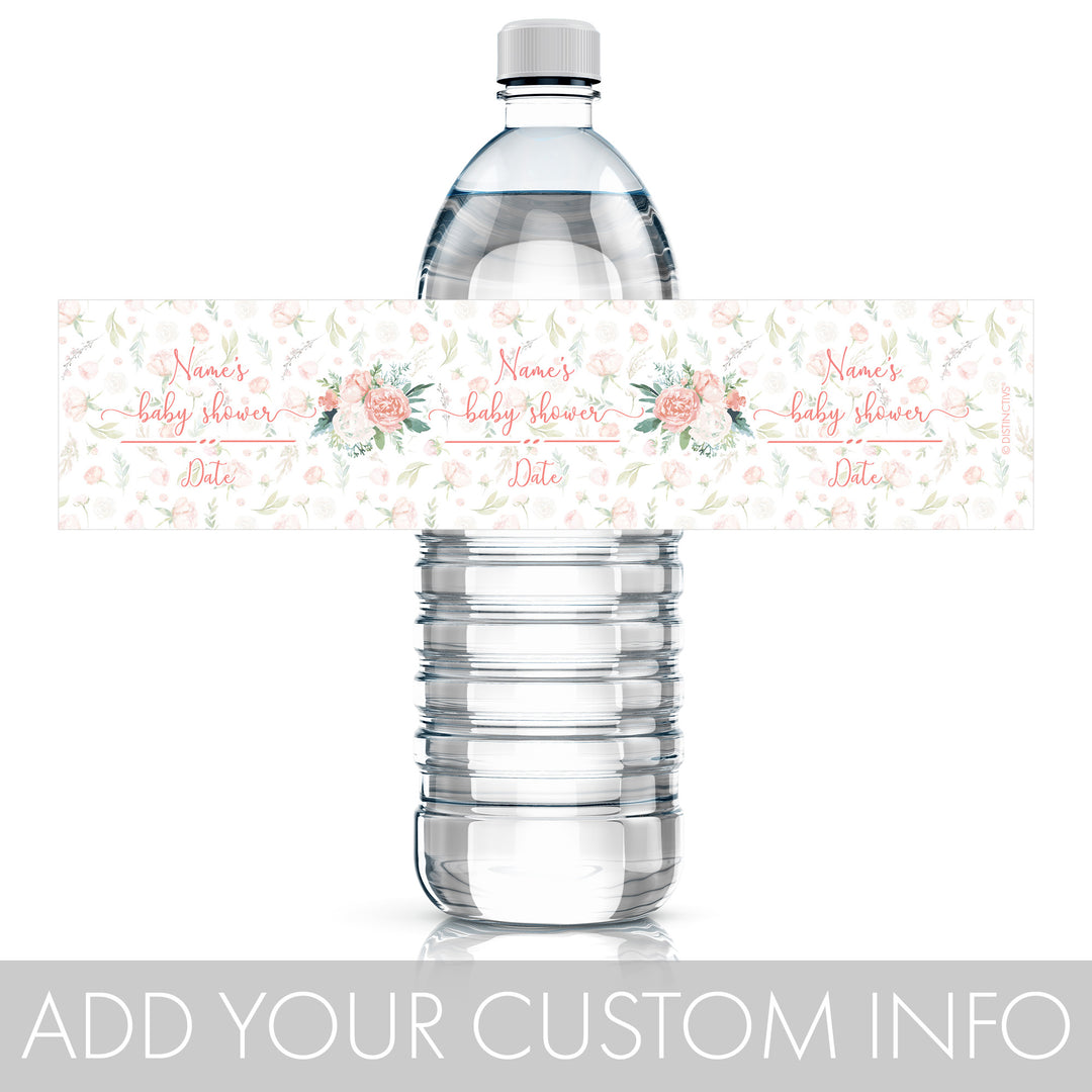 Floral rosa personalizado: etiquetas para botellas de agua para baby shower, primavera, niña, 24 pegatinas
