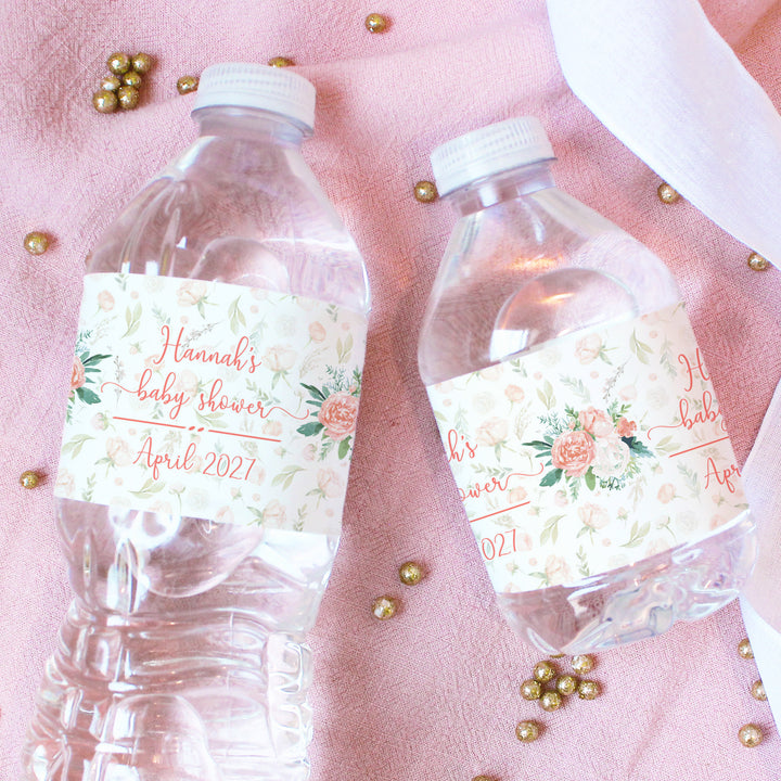 Floral rosa personalizado: etiquetas para botellas de agua para baby shower, primavera, niña, 24 pegatinas