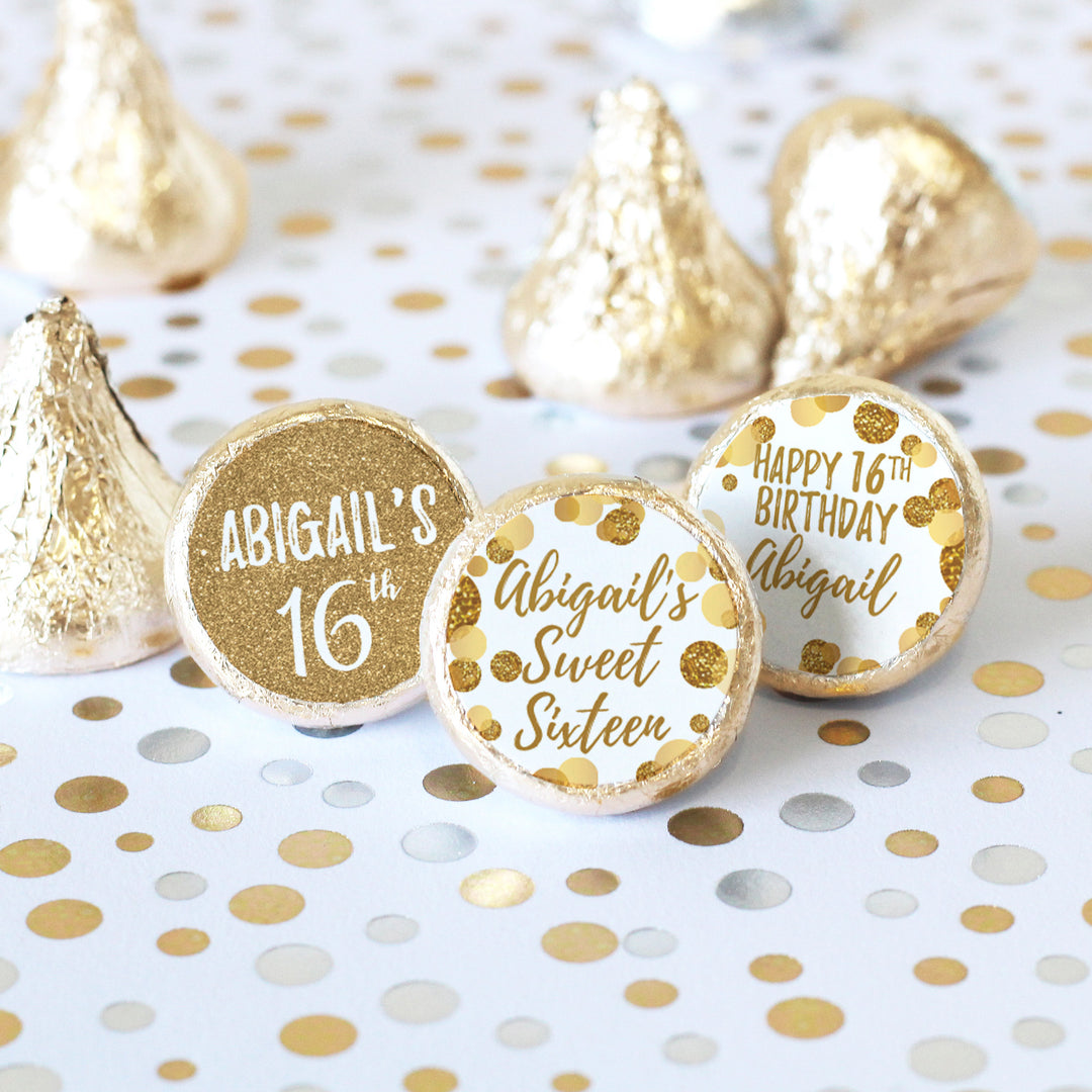 Personalized Sweet 16: White & Gold - Birthday Party Favor Stickers - Fits on Hershey's Kisses - 180 Stickers