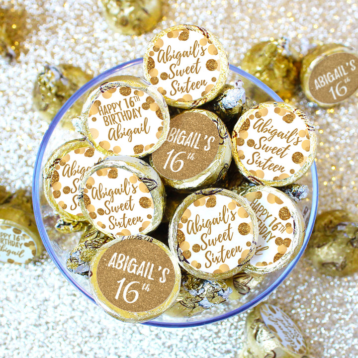 Dulces 16 personalizados: blanco y dorado - Pegatinas para regalos de fiesta de cumpleaños - Se adapta a Hershey's Kisses - 180 pegatinas