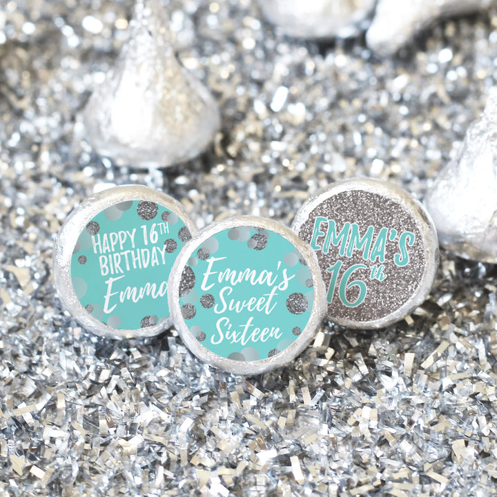 Personalized Sweet 16: Teal & Silver -  Birthday Party Party Favor Stickers - Fits on Hershey's Kisses - 180 Stickers