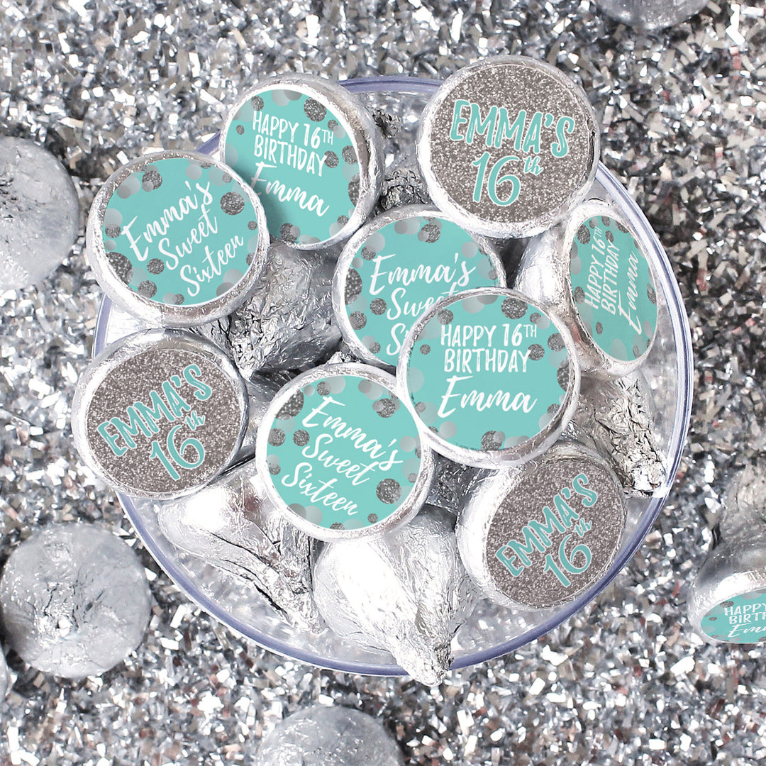 Dulces 16 personalizados: verde azulado y plateado - Pegatinas para regalos de fiesta de cumpleaños - Se adapta a Hershey's Kisses - 180 pegatinas