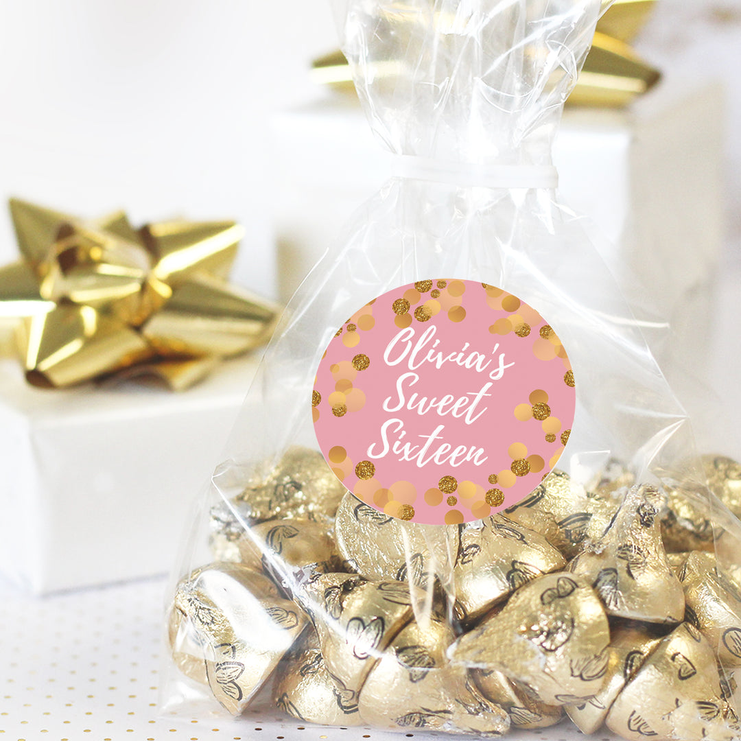 Dulces 16 personalizados: rosa y dorado - Pegatinas para regalos de fiesta de cumpleaños - 40 pegatinas