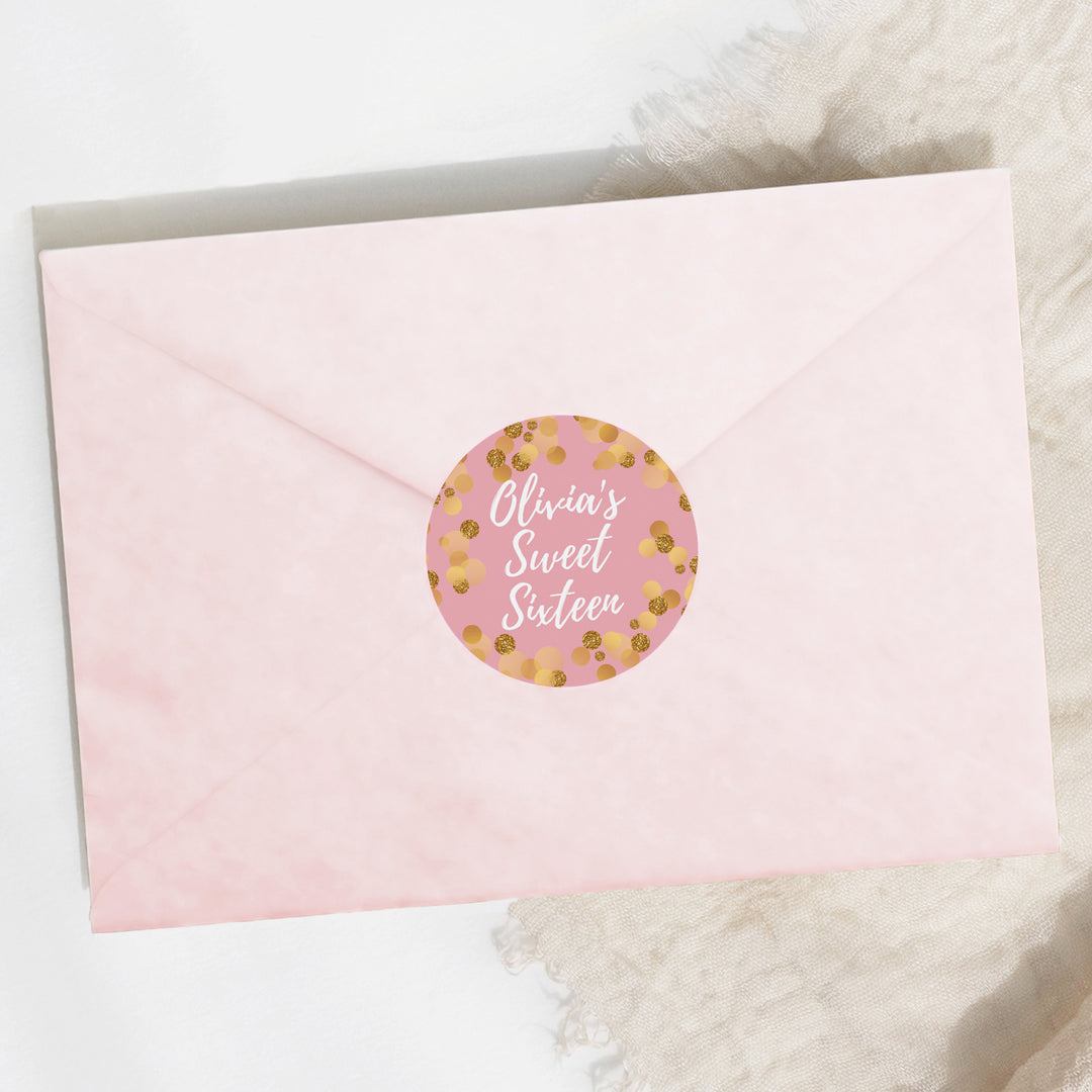 Dulces 16 personalizados: rosa y dorado - Pegatinas para regalos de fiesta de cumpleaños - 40 pegatinas