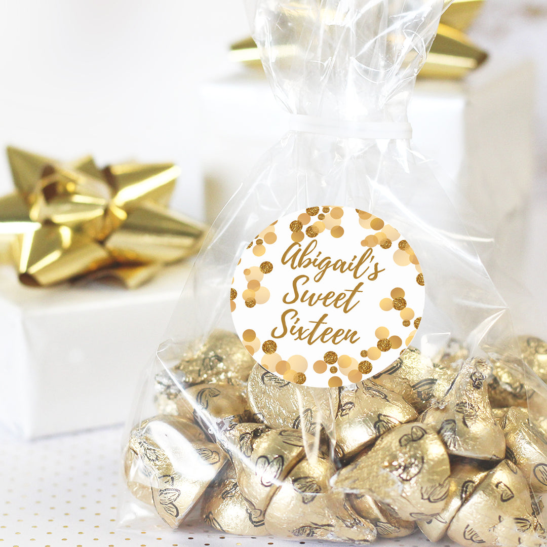 Dulces 16 personalizados: blanco y dorado - Pegatinas para regalos de fiesta de cumpleaños - 40 pegatinas