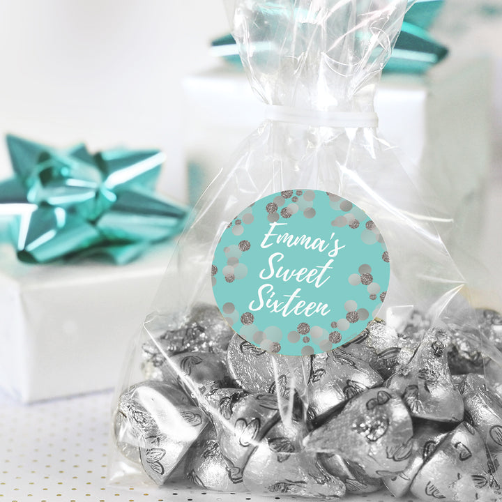 Personalized Sweet 16: Teal & Silver - Birthday Party Favor Stickers - 40 Stickers