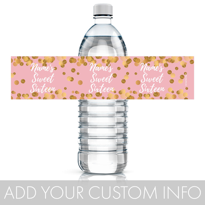 Personalized Sweet 16: Pink & Gold - Birthday Party Water Bottle Labels - 24 Stickers