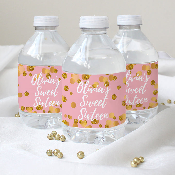Dulces 16 personalizados: rosa y dorado - Etiquetas para botellas de agua para fiesta de cumpleaños - 24 pegatinas