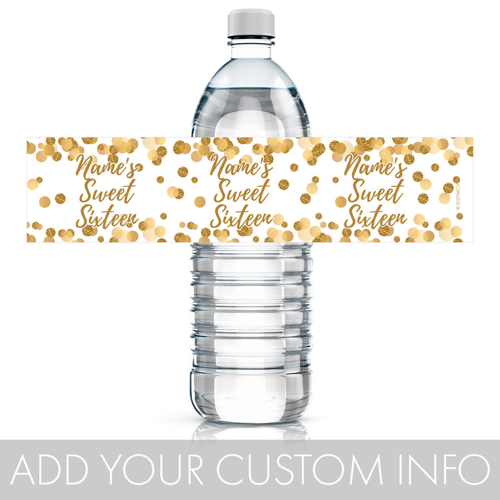 Personalized Sweet 16: White & Gold - Birthday Party Water Bottle Labels - 24 Stickers