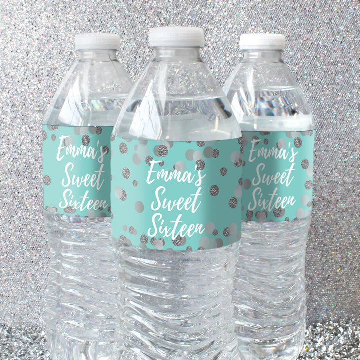Dulces 16 personalizados: verde azulado y plateado - Etiquetas para botellas de agua para fiesta de cumpleaños - 24 pegatinas