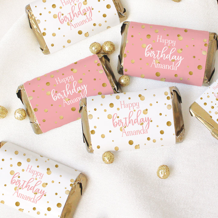 Personalized Birthday: Gold Confetti Pink - Hershey's Miniatures Candy Bar Wrappers - 45 Stickers
