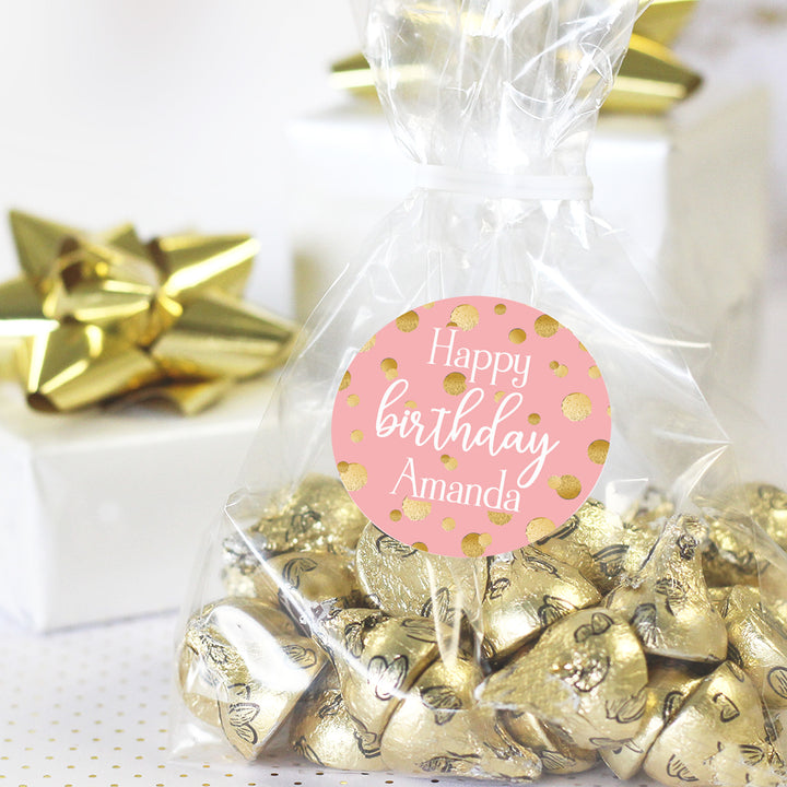 Cumpleaños personalizado: Confeti dorado rosa - Pegatinas circulares a favor - 40 pegatinas