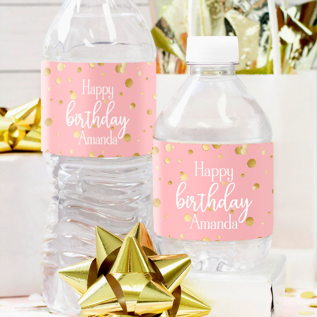Personalized Birthday: Gold Confetti Pink - Water Bottle Labels - 24 Waterproof Stickers