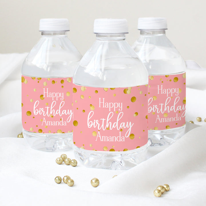 Cumpleaños personalizado: Confeti dorado rosa - Etiquetas para botellas de agua - 24 pegatinas impermeables