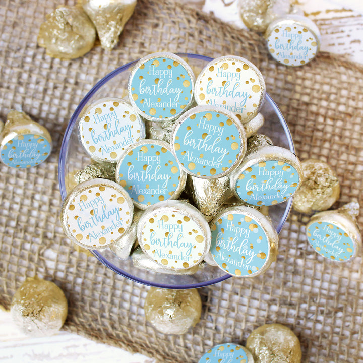 Personalized Birthday: Gold Confetti Blue - Favor Stickers  Fits on Hershey's Kisses - 180 Stickers