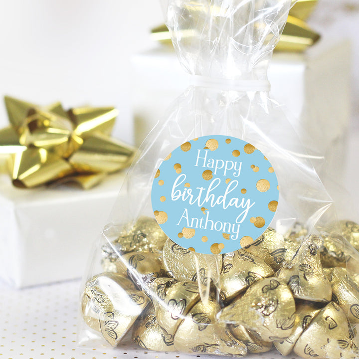 Personalized Birthday: Gold Confetti Blue - Circle Favor Stickers - 40 Stickers