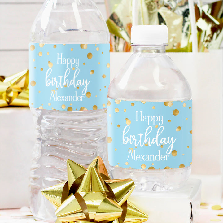Cumpleaños personalizado: Confeti dorado azul - Etiquetas para botellas de agua - 24 pegatinas impermeables