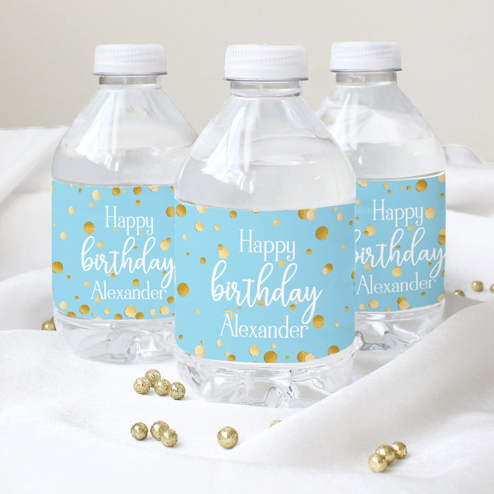 Cumpleaños personalizado: Confeti dorado azul - Etiquetas para botellas de agua - 24 pegatinas impermeables