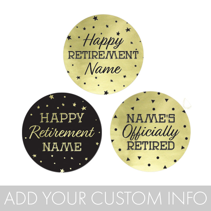 Fiesta de jubilación personalizada: lámina brillante negra y dorada - Pegatinas de recuerdo - Se adapta a Hershey's Kisses - 180 pegatinas
