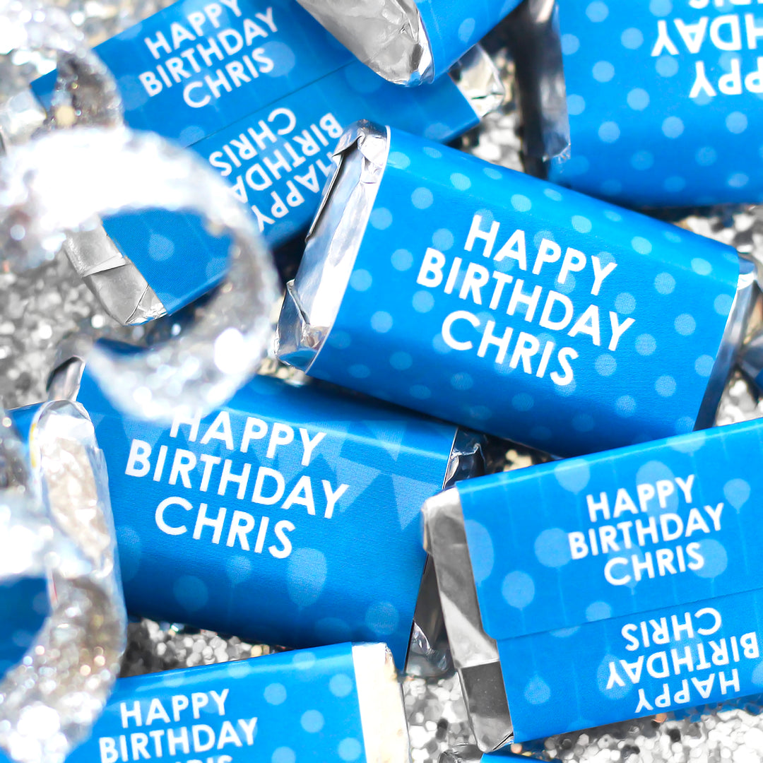 Cumpleaños personalizado: 18 opciones de color - Mini envoltorios para barra de chocolate con nombre - Se ajustan a miniaturas de Hershey® - 45 pegatinas